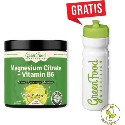 GreenFood Nutrition Magnesium Citrate + Vitamin B6 150 g + Ekologická fľaša Citrón