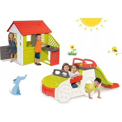 Smoby Set domček Jura Lodge s dvoma dverami a preliezačka Auto so šmykľavkou dlhou 150 cm