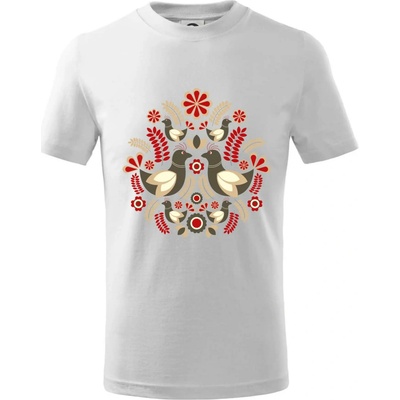 Folklór hnedé vtáčiky tričko detské biela