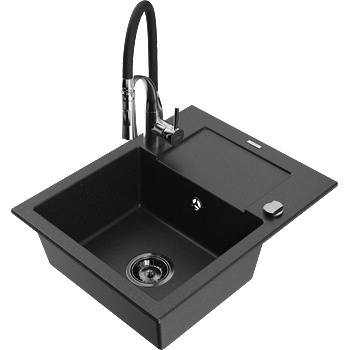 Mexen Enzo гранитна мивка с една камера с отцедник и кухненски смесител Aster, черен/златен металик - 6506-75-73450-07-B (6506-75-73450-07-B)