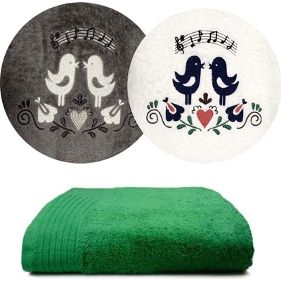 Zelenáčky ručník s výšivkou ptáčci a noty bavlna 50 x 100 cm zelená