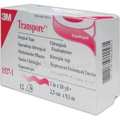 3M Transpore Transparentná polyuretánová náplasť na cievke 2,5 cm x 9,1 m 12 fixačných náplastí