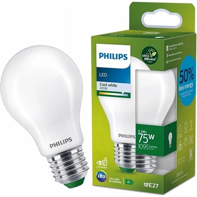 Philips LED žiarovka E27 A60 5,2W = 75W 1095lm 4000K Neutrálne vlákno Milk Ultra Efficient