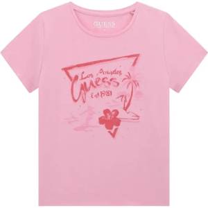 GUESS Тениска за момиче в розово с розов надпис Guess и палми