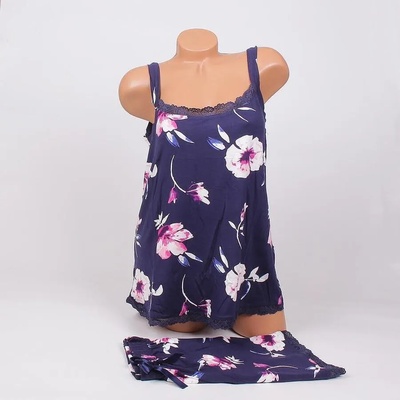 Макси лятна пижама с дантела в тъмносиньо на цветя