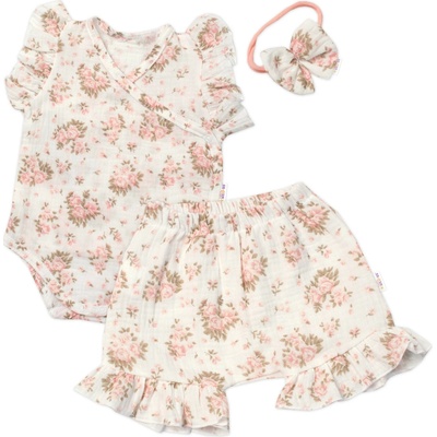 Baby Nellys Zavinovacie body kraťasky čelenka mušelín Pivonky smotanové