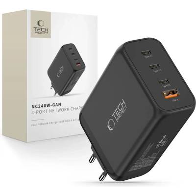 Tech-Protect nc240w-gan 4-портово мрежово зарядно pd 240w / qc3.0 черен (5906302352364)