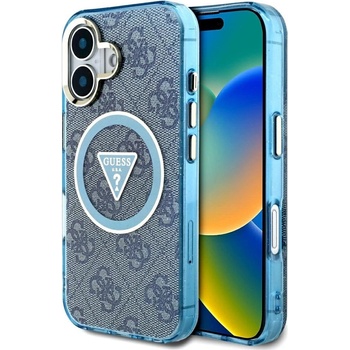 GUESS IML Metal Glitter 4G Circle Triangle MagSafe Case за iPhone 16 - син
