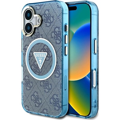GUESS IML Metal Glitter 4G Circle Triangle MagSafe Case за iPhone 16 - син