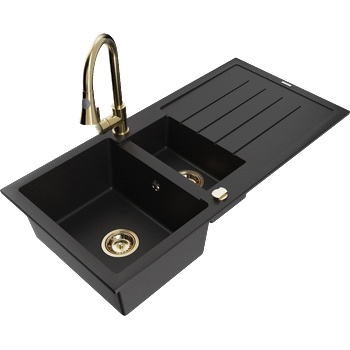 Mexen Andres гранитна мивка с 1, 5 камери с отцедник и кухненски смесител Elia, черен - 6515-77-670101-50 (6515-77-670101-50)