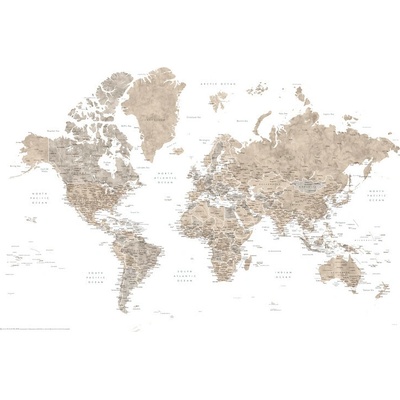 Plagát, Obraz - Neutral Watercolor World Map, 61 × 91.5 cm
