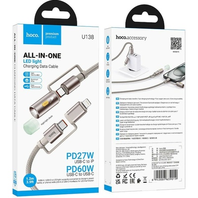 Hoco U138 USB-C 2v1 LED světlo pro zdířku USB-C + Apple Lightning 1,2m šedý