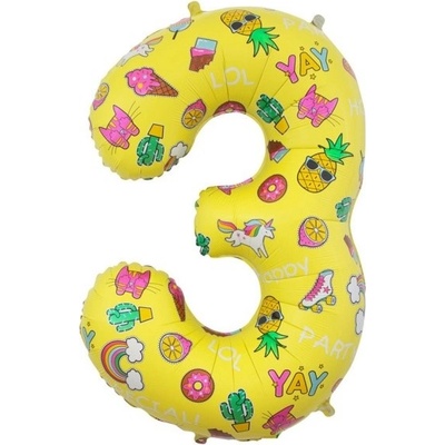 Godan Balónek fóliový číslo 3 žlutý s obrázky 78 cm