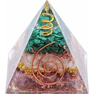 Nefertitis Orgonit pyramida s ametystem, malachitem a křišťálem NF45445 - 5 x 5 x 5 cm