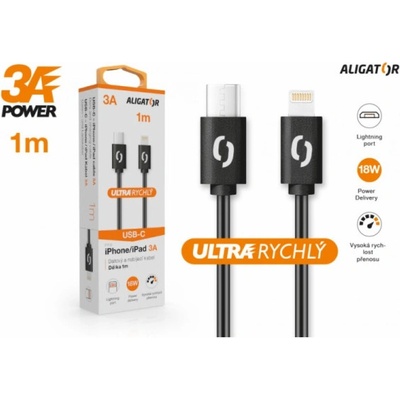 Aligator DATKP33 POWER 3A, USB-C/Lightning, 1m, černý