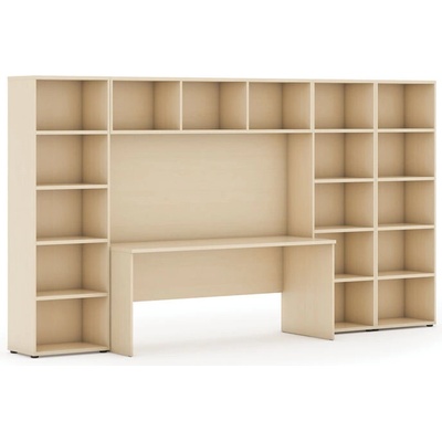 Zostavy knižníc INTEGRO so stolom, nižšie/širšie, 3350x700/400x1923 mm, breza