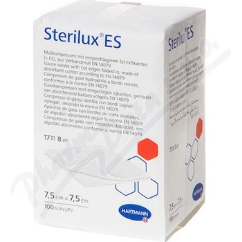 Sterilux ES kompres nesterilný 17 vlákien 8 vrstiev 7,5 cm x 7,5 cm 100 ks