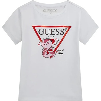 GUESS Бяла тениска за мини момиче с червено лого и цветна апликация Guess