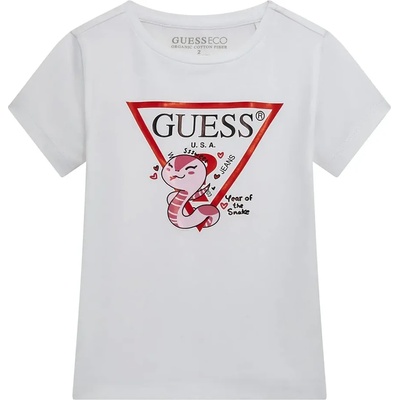 GUESS Бяла тениска за мини момиче с червено лого и цветна апликация Guess
