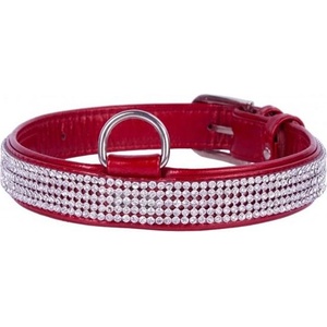 COLLAR Лъскав кожен нашийник с кристали - 30 - 39cm, 20mm - червен