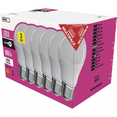 Emos LED žiarovka CLASSIC A60 9W60W 806lm E27 neutrálna biela 6PC