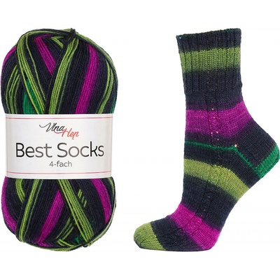 Pletací / háčkovací příze Vlna-Hep BEST SOCKS 4-fach 7722 tlumená černo-zeleno-fialová, vzorovaná, ponožková, 100g/420m