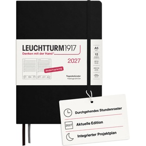 Leuchtturm1917 Daily Calendar 2027 Medium (A5) - German, black, 145 x 210 mm, January-December (12 months), 1 page per day, hourly grid 7: 00-22: 00, hardcover, 80 g/m2 paper - 400157 (400157)