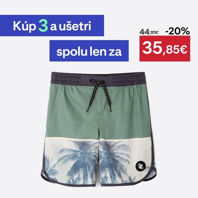 Decathlon Detské plážové šortky 500 Photopalm kaki