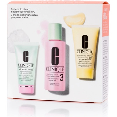 Clinique 3-Step Skin Care Kit Liquid Facial Soap tekuté mýdlo pro mastnou a smíšenou pleť 30 ml + Clarifying Lotion 3 Twice A Day Exfoliator tonikum 60 ml + Dramatically Different™ Moisturizing Oil-Fr
