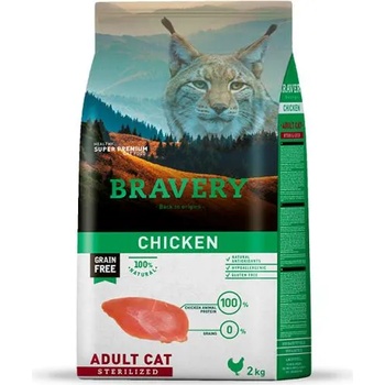 Bravery chicken cat adult sterilised, натурална, хипоалергенна храна, БЕЗ ЗЪРНО за кастрирани котки от всички породи над 1 година, с пилешко месо, подходяща и котки с наднормено тегло, Испания - 7 кг