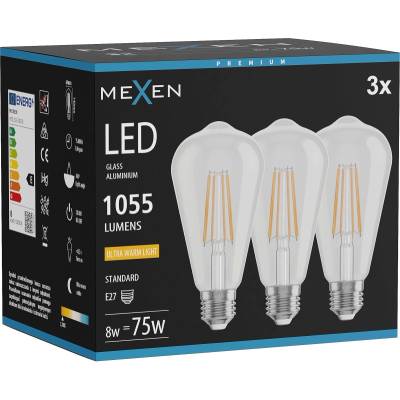 Mexen Vintis 3x LED нажежаема жичка крушка E27, ST64, 8W, Топла - 2200K, 1055 lm, прозрачна (L152-E27-0822-00x03)