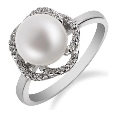 Meucci Stříbrný prstýnek s perlou uprostřed a zirkony okolo SP57R