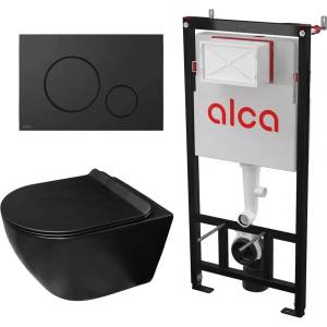 Rune Комплект казанче за WC с вграждаща рамка Alca AM101/1120 и бутон M678, матово черно, плюс конзолна тоалетна чиния Rune Ivaldi Grande с капак softclose (AM101/1120+M678+5940541335832)