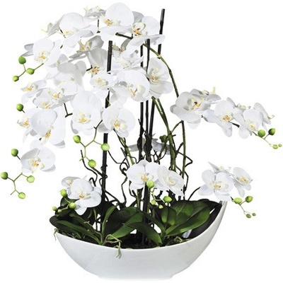 Umelá kvetina orchidea phalaenopsis aranžmán 68 cm biela v bielej keramickej miske 45 x 25 cm Real Touch