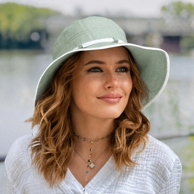 Krumlovanka Lněný letní dámský klobouk Bardotka Me-Ba zelený