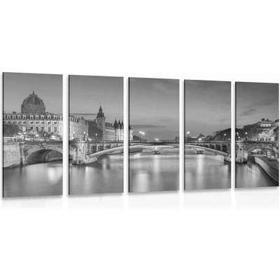 5-dílný obraz oslňující panorama Paříže v černobílém provedení - 150x75