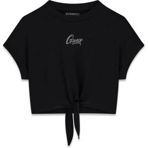 GUESS Къса черна тениска за момиче с възел и надпис Guess от кристали