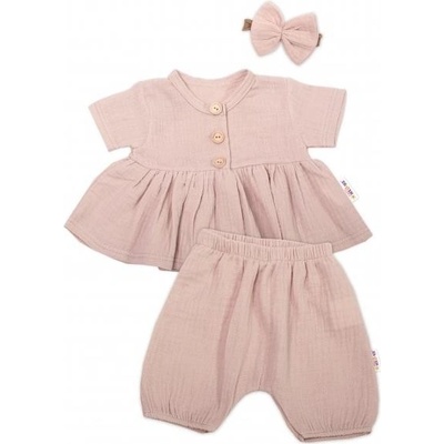 Baby Nellys 3-dielna mušelínová súpr. tunika/blúzka kraťasky čelenka béžová