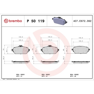 Sada brzdových destiček, vždy 4 kusy v sadě BREMBO P 50 119 (P50119)