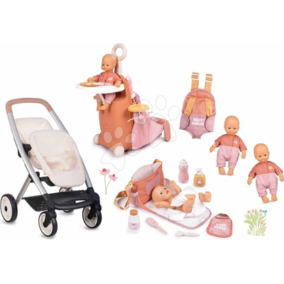 Smoby Set s dvojičkami bábikami na prechádzke Twin Pushchair Sandy Maxi Cosi&Quinny a kufrík s klokankou a taškou