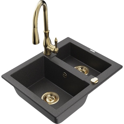 Mexen Carlos гранитна мивка с 1, 5 камери с кухненски смесител Savita, черна напукана - 6518-76-672601-50 (6518-76-672601-50)