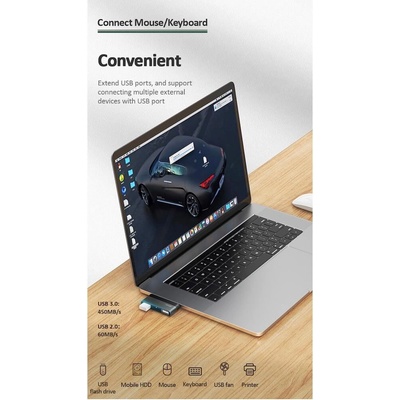 USAMS Мултифункционален хъб за свързване на допълнителна периферия за MacBook, iPad Pro и мобилни устройства с USB-C порт - USAMS USB-C Mini Hub 2xUSB With MicroSD (тъмносив) (US-SJ463)