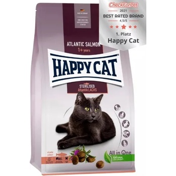 Happy Cat Sterilised Adult Atlantic Salmon - храна за кастрирани котки с атлантическа сьомга, ценен розмарин и бял трън, 4 кг, Германия - 70580