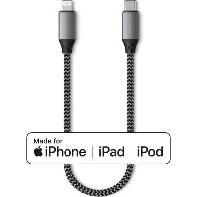 Satechi USB-C to Lightning Cable - сертифициран (MFI) USB-C към Lightning кабел за Apple устройства с Lightning порт (25 см) (сив)