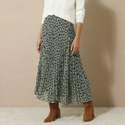 Plisovaná midi sukňa s leoparďou potlačou khaki/čierna
