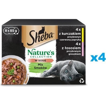 Sheba tacka Nature's Collection Směs chutí v omáčce s kuřecím masem zdobeným červenou paprikou s lososem zdobeným hráškem 32 x 85 g