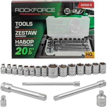 ROCK FORCE Вложки 3/8", 6-22 мм, с удължения и адаптери, RockForce RF-3202-5, 20 бр (UNI-010906)