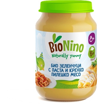 BioNino Био Пюре Зеленчуци с Паста и Пилешко Месо, 8+М 190гр (4218)