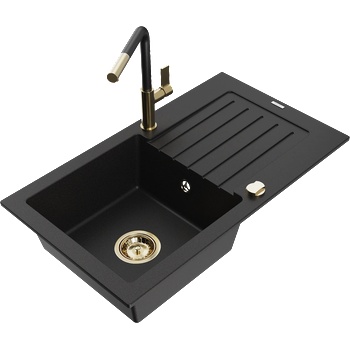 Mexen Pablo гранитна мивка с 1 корито с отцедник и кухненски смесител Flora, черен - 6510-77-670401-57-G (6510-77-670401-57-G)