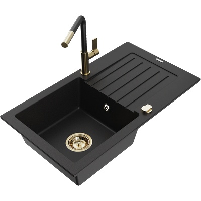 Mexen Pablo гранитна мивка с 1 корито с отцедник и кухненски смесител Flora, черен - 6510-77-670401-57-G (6510-77-670401-57-G)